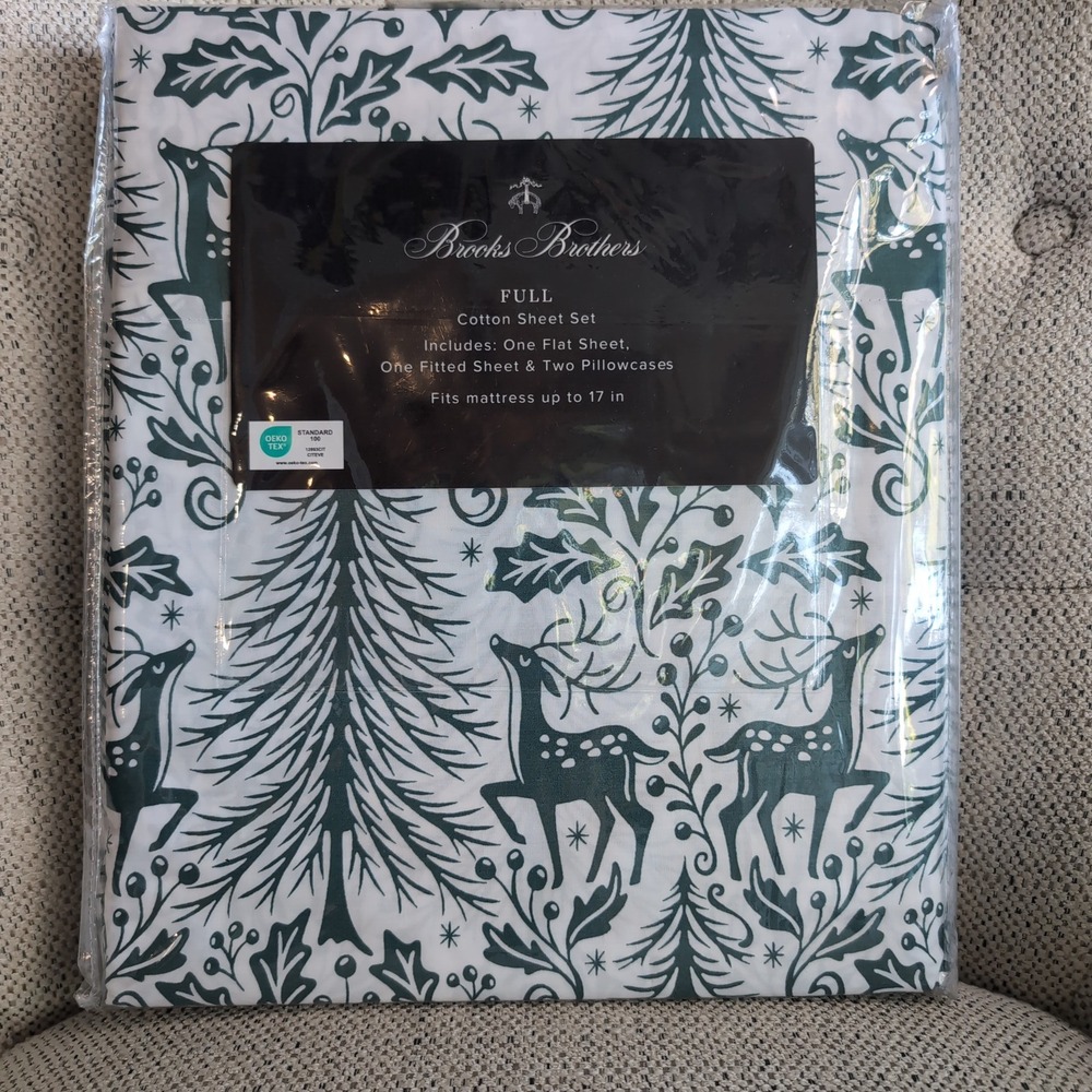 Brooks Brothers Christmas Sheet Set Full Green White Reindeer Tree 4pc Cotton